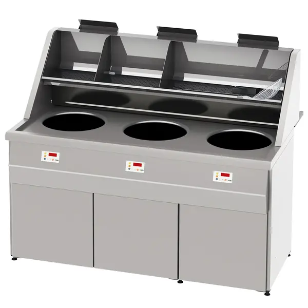 Friteuse | SANTANA | Aard-/Propaangas | 18+18+18L | 54kW | Elektrische Ontsteking (230V) | Aftapkranen | Interne Afzuiging | 1660x1036x870/1346(h)mm