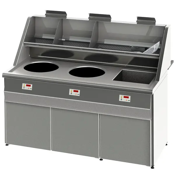 Friteuse | SANTANA | Aard-/Propaangas | 13+18+18L | 49kW | Elektrische Ontsteking (230V) | Aftapkranen | Interne Afzuiging | 1660x1036x870/1346(h)mm