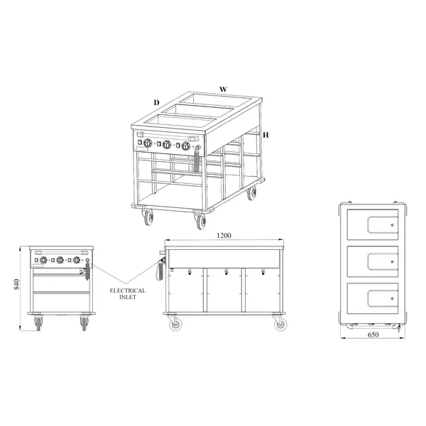 Bain-Marie Wagen | Elektrisch | 3x 1/1 GN | 30°C/90°C | 3kW (230V) | Aftapkranen | 1200x650x840(h)mm