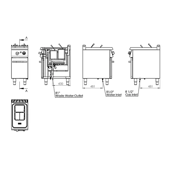 Pastakoker | BASE 700 | Gas | 18L | 0°C/120°C | 10.5kW | Vulkraan + Aftapkraan | Piëzo Ontsteking | 400x700x900(h)mm