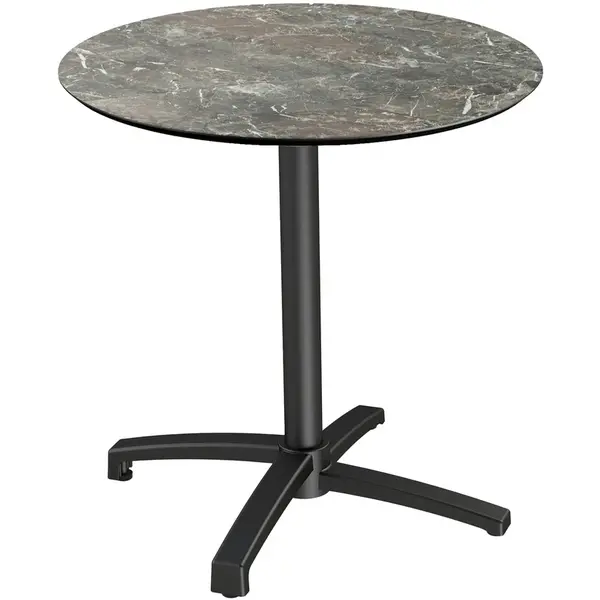 Inklapbare Tafel | X CROSS | HPL/Aluminium | Marmerlook Blad | Zwarte Frame | In-/Outdoor | Ø700x740(h)mm