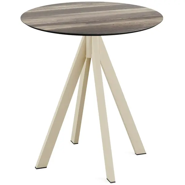 Inklapbare Tafel | INFINITY | HPL/RVS | Houtlook Blad | Zandkleurig Frame | In-/Outdoor | Ø700x732(h)mm