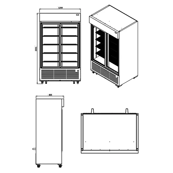 Koelkast | 1230L | Zwart | +1°C/+9°C | Statisch + Ventilator | Schuifdeuren | Wielen | 1200x835x2009(h)mm