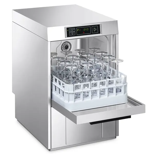 Glazenspoelmachine | EASYLINE | Mand 400x400 | Afvoerpomp | Zeeppomp | Naglanspomp | Ontharder | Breaktank | 400V | Dubbelwandig | 460x600x705(h)mm