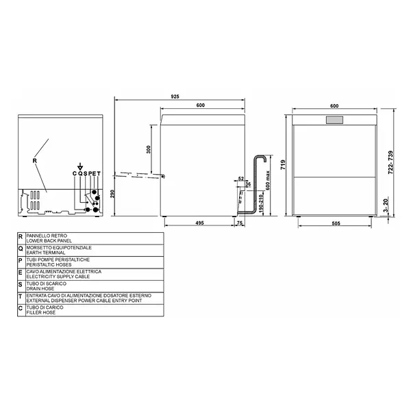 Glazenspoelmachine | EASYLINE | Mand 500x500 | Afvoerpomp | Zeeppomp | Naglanspomp | Ontharder | Breaktank | 400V | Dubbelwandig | 600x600x722(h)mm