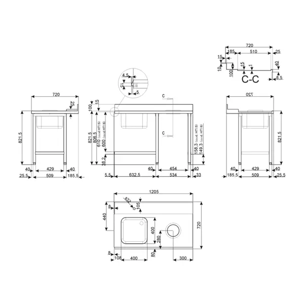 Aanvoertafel (Rechts) | ECOLINE/EASYLINE | RVS | 1 Spoelbak (Links) + Afvalgat | Bodemschap | Achteropstand | 1200x720x821/921(h)mm