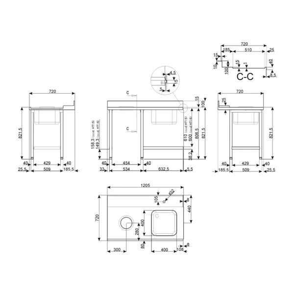 Aanvoertafel (Links) | ECOLINE/EASYLINE | RVS | 1 Spoelbak (Rechts) + Afvalgat | Bodemschap | Achteropstand | 1200x720x821/921(h)mm