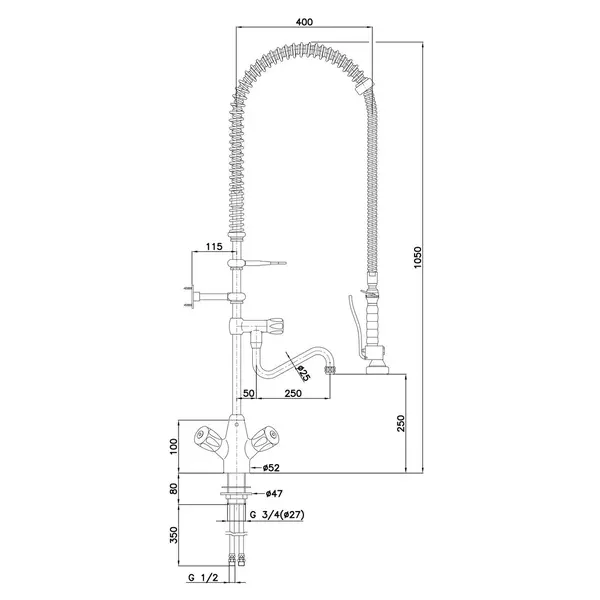 Voorspoeldouche | Handdouche (Flexibele Hals) + Middenuitloop | Mengkraan | 1-Gats | 400x1050(h)mm
