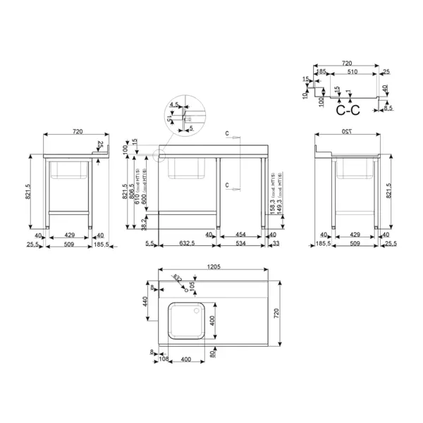 Aanvoertafel (Rechts) | ECOLINE/EASYLINE | RVS | 1 Spoelbak (Links) | Bodemschap | Achteropstand | 1200x720x821/921(h)mm