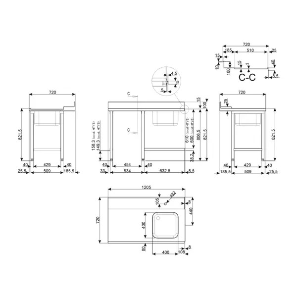 Aanvoertafel (Links) | ECOLINE/EASYLINE | RVS | 1 Spoelbak (Rechts) | Bodemschap | Achteropstand | 1200x720x821/921(h)mm