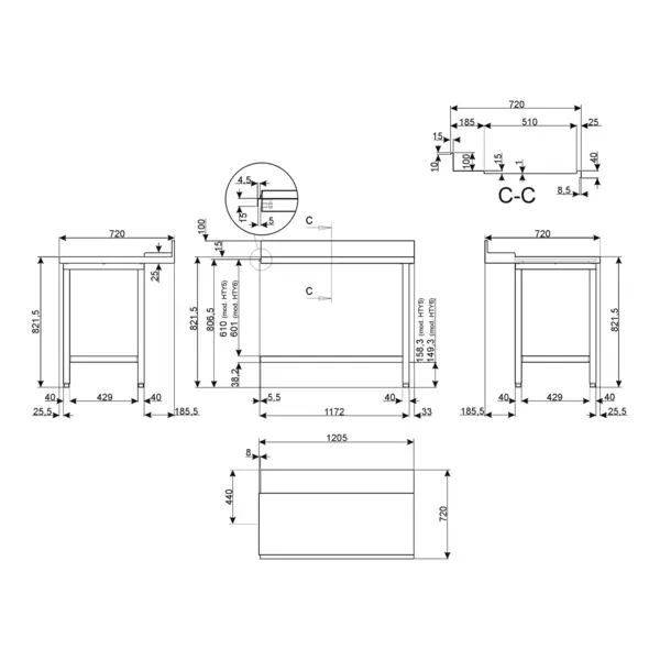 Afvoertafel (Rechts) | ECOLINE/EASYLINE | RVS | Bodemschap | Achteropstand | 1200x720x821/921(h)mm