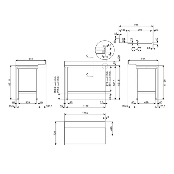 Afvoertafel (Links) | ECOLINE/EASYLINE | RVS | Bodemschap | Achteropstand | 1200x720x821/921(h)mm