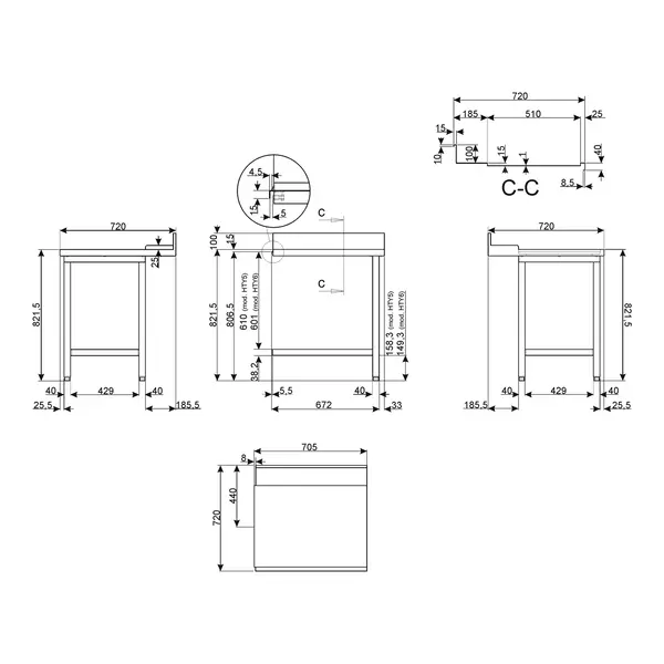 Afvoertafel (Rechts) | ECOLINE/EASYLINE | RVS | Bodemschap | Achteropstand | 700x720x821/921(h)mm