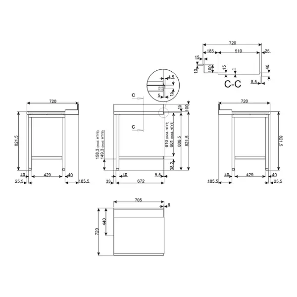 Afvoertafel (Links) | ECOLINE/EASYLINE | RVS | Bodemschap | Achteropstand | 700x720x821/921(h)mm