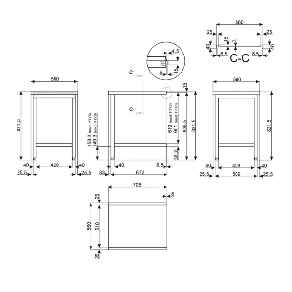 Afvoertafel (Links/Rechts) | ECOLINE/EASYLINE | RVS | Bodemschap | 700x720x821(h)mm