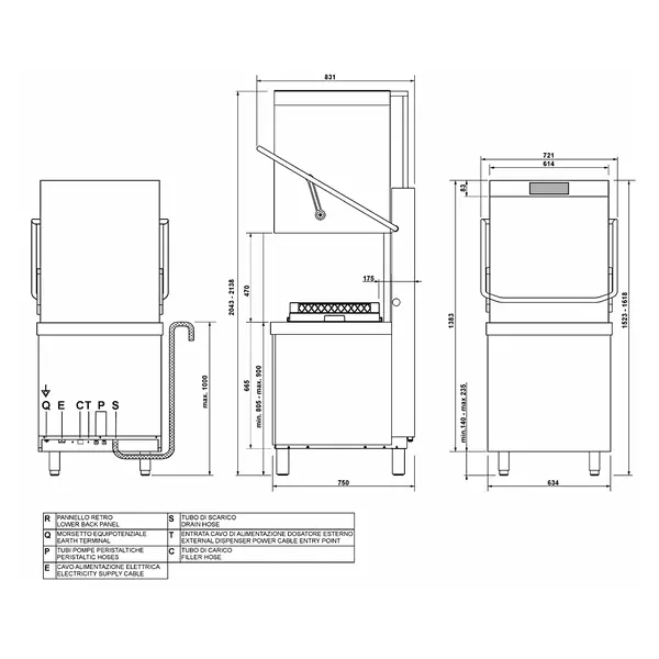 Doorschuifvaatwasser | EASYLINE | Energiezuinig (Warmteterugwinning) | Mand 500x500 | Afvoerpomp | Zeeppomp | Naglanspomp | Breaktank | 400V | 634x745x1523/2138(h)mm