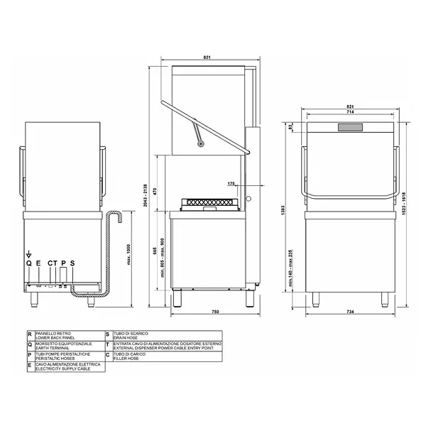 Doorschuifvaatwasser | EASYLINE | Mand 600/500x500 | Afvoerpomp | Zeeppomp | Naglanspomp | Breaktank | 400V | 734x750x1523/2138(h)mm