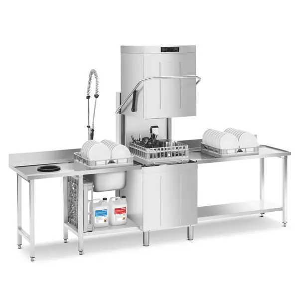 Doorschuifvaatwasser | EASYLINE | Energiezuinig (Warmteterugwinning) | Mand 600/500x500 | Afvoerpomp | Zeeppomp | Naglanspomp | Breaktank | 400V | 734x750x1523/2138(h)mm