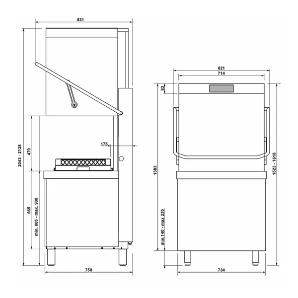 Doorschuifvaatwasser | EASYLINE | Energiezuinig (Warmteterugwinning) | Mand 600/500x500 | Afvoerpomp | Zeeppomp | Naglanspomp | Ontharder | Breaktank | 400V | 734x750x1523/2138(h)mm