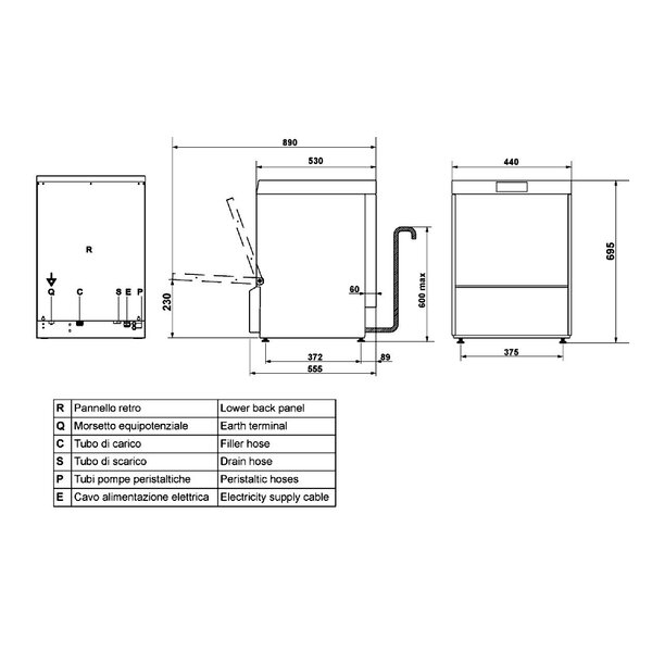 Glazenspoelmachine | ECOLINE | Mand 400x400 | Afvoerpomp | Zeeppomp | Naglanspomp | Breaktank | 400V | 440x555x695(h)mm