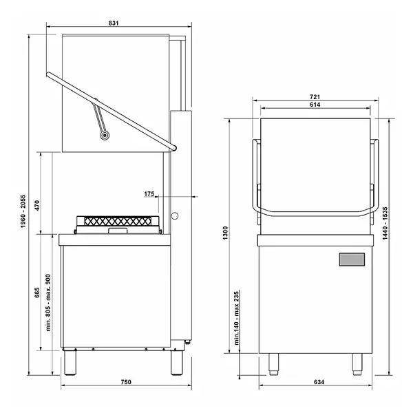 Doorschuifvaatwasser | ECOLINE | Mand 500x500 | Afvoerpomp | Zeeppomp | Naglanspomp | Ontharder | Breaktank | 400V | 634x750x1440/2055(h)mm