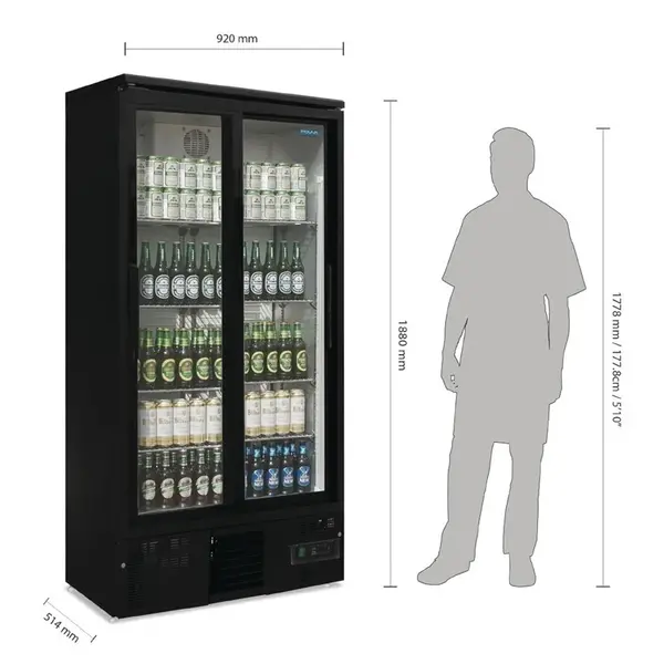Drankenkoeling | 490L | Zwart | +2°C/+8°C | Statisch + Ventilator | Schuifdeuren | Wielen | 920x514x1880(h)mm