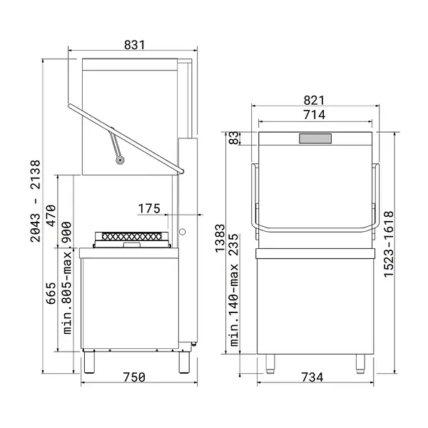 Doorschuifvaatwasser | PURA | Mand 600/500x500 | Afvoerpomp | Zeeppomp | Naglanspomp | Breaktank | 400V | Touchscreen + App | Dubbelwandig | 734x831x1523/2138(h)mm