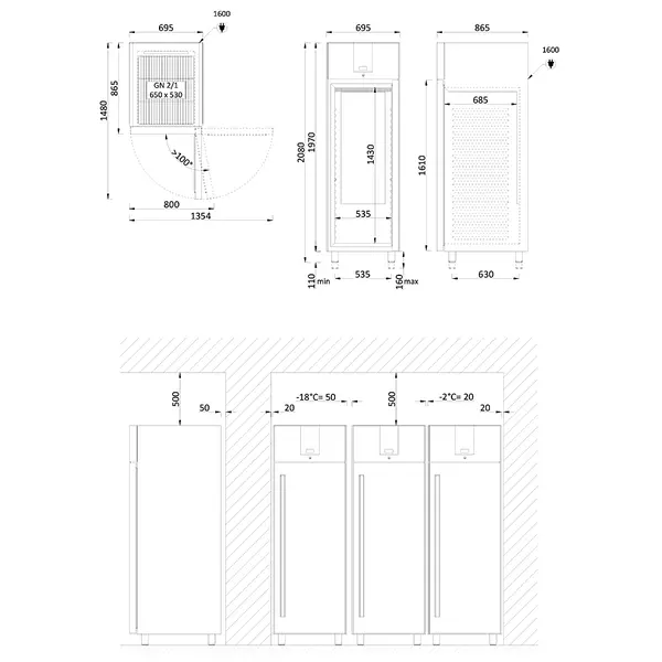 Koelkast | Energiezuinig | 700L (2/1 GN) | RVS | -2°C/+8°C | Geforceerd | Temperatuur-/Deuralarm | Bluetooth (Optie) | 695x865x2080(h)mm