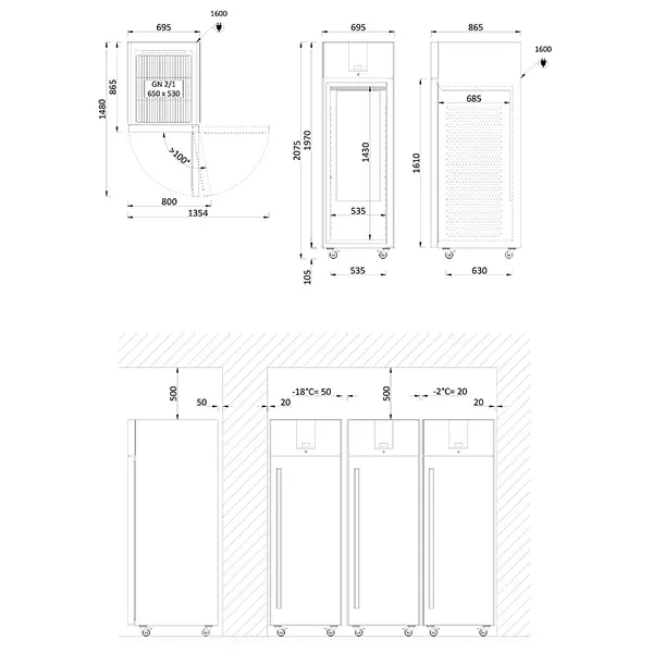 Vrieskast | 700L (2/1 GN) | RVS | -18°C/-22°C | Geforceerd | Temperatuur-/Deuralarm | Bluetooth (Optie) | Wielen (Geremd) | 695x865x2075(h)mm