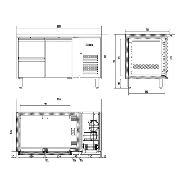 Koelwerkbank | ENERGY LINE | 190L | 1 Deur + 2 Laden (1/1 GN) | +2°C/+8°C | Geforceerd | 1360x700x860(h)mm