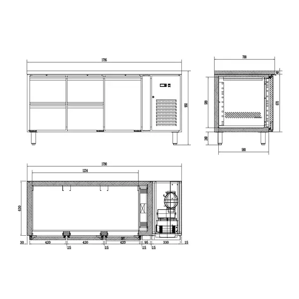 Koelwerkbank | ENERGY LINE | 291L | 1 Deur + 4 Laden (1/1 GN) | +2°C/+8°C | Geforceerd | 1795x700x860(h)mm