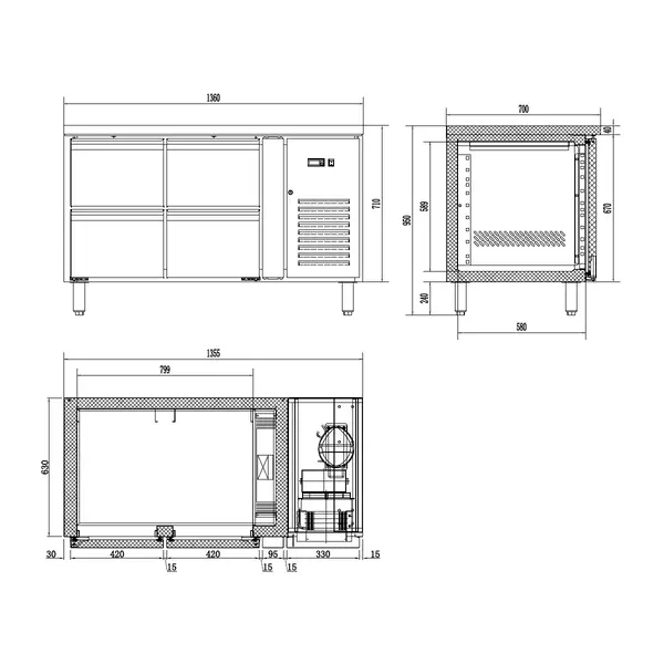Koelwerkbank | ENERGY LINE | 190L | 4 Laden (1/1 GN) | +2°C/+8°C | Geforceerd | 1360x700x860(h)mm