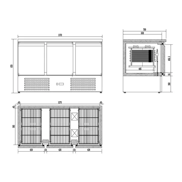Koelwerkbank | ENERGY LINE | Energiezuinig | 400L | 3 Deuren (1/1 GN) | +2°C/+8°C | Geforceerd | 1368x700x870(h)mm