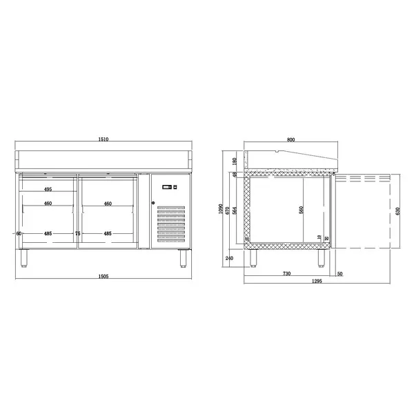 Pizzawerkbank | ENERGY LINE | Energiezuinig | 268L | 2 Deuren (EN600x400) | +2°C/+8°C | Geforceerd | 1510x800x910/1090(h)mm