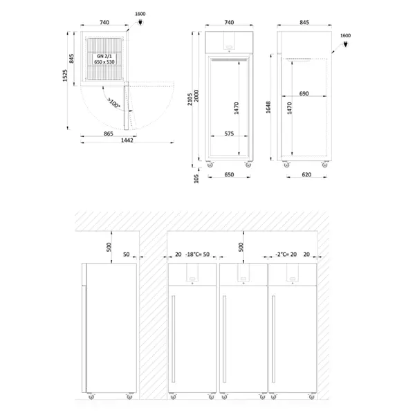 Koelkast | Energiezuinig | 700L (2/1 GN) | RVS | -2°C/+8°C | Geforceerd | Temperatuur-/Deuralarm | Bluetooth (Optie) | Wielen (Geremd) | 740x845x2105(h)mm