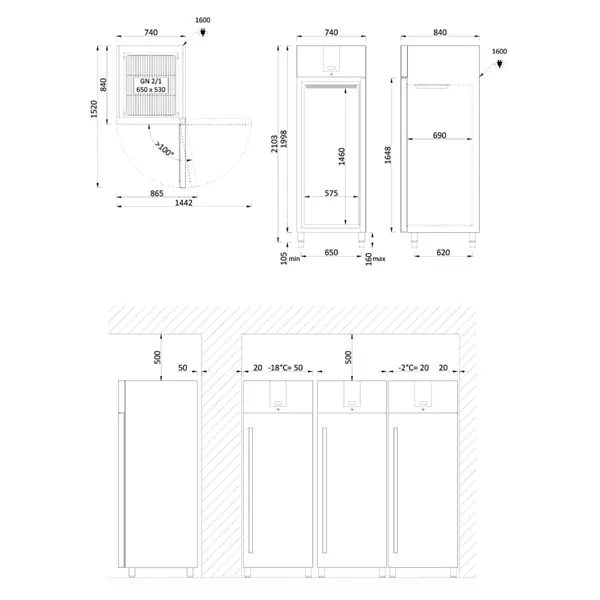 Vrieskast | 700L (2/1 GN) | RVS | -18°C/-22°C | Geforceerd | Temperatuur-/Deuralarm | Bluetooth (Optie) | 740x845x2110(h)mm