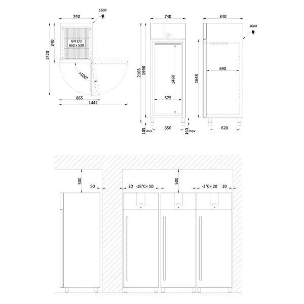 Koelkast | 700L (2/1 GN) | RVS | -2°C/+8°C | Geforceerd | Temperatuur-/Deuralarm | Bluetooth (Optie) | 740x845x2110(h)mm