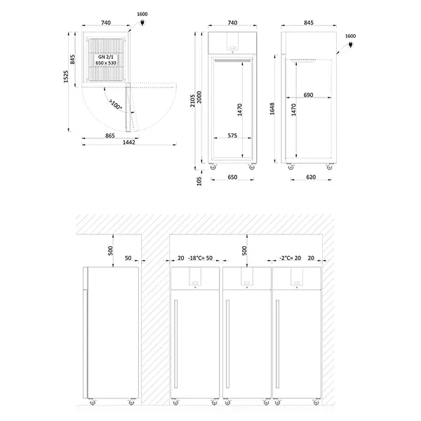 Koelkast | 700L (2/1 GN) | RVS | -2°C/+8°C | Geforceerd | Temperatuur-/Deuralarm | Bluetooth (Optie) | Wielen (Geremd) | 740x845x2105(h)mm