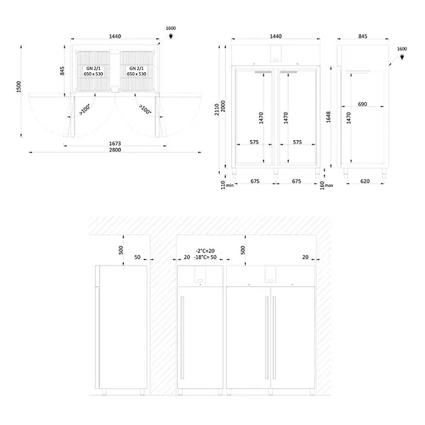 Koelkast | 1400L (2/1 GN) | RVS | -2°C/+8°C | Geforceerd | Temperatuur-/Deuralarm | Bluetooth (Optie) | 1440x845x2110(h)mm