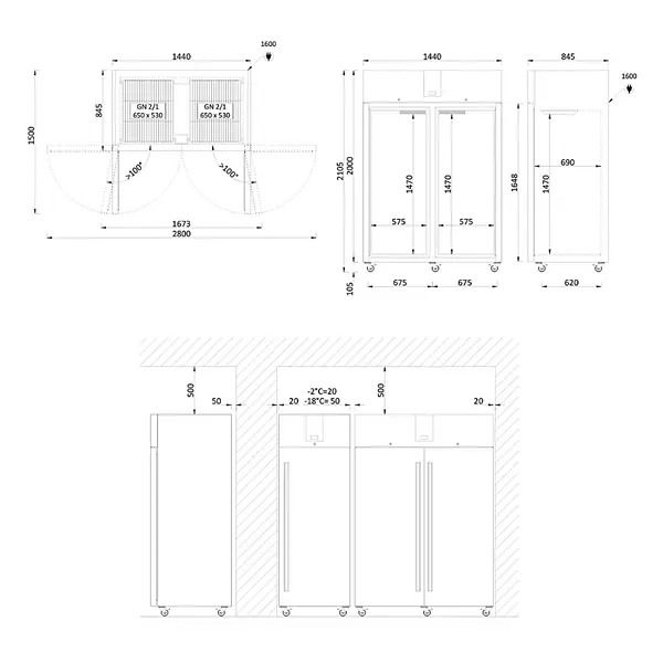 Koelkast | 1400L (2/1 GN) | RVS | -2°C/+8°C | Geforceerd | Temperatuur-/Deuralarm | Bluetooth (Optie) | Wielen (Geremd) | 1440x845x2105(h)mm
