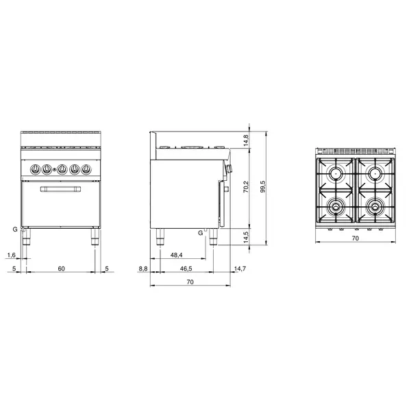 Fornuis + Oven | FUN 700 | Propaangas | 4 Branders (2x 3.7kW + 2x 5.5kW) + Oven (5kW) | Piëzo Ontsteking | 700x700x847/995(h)mm