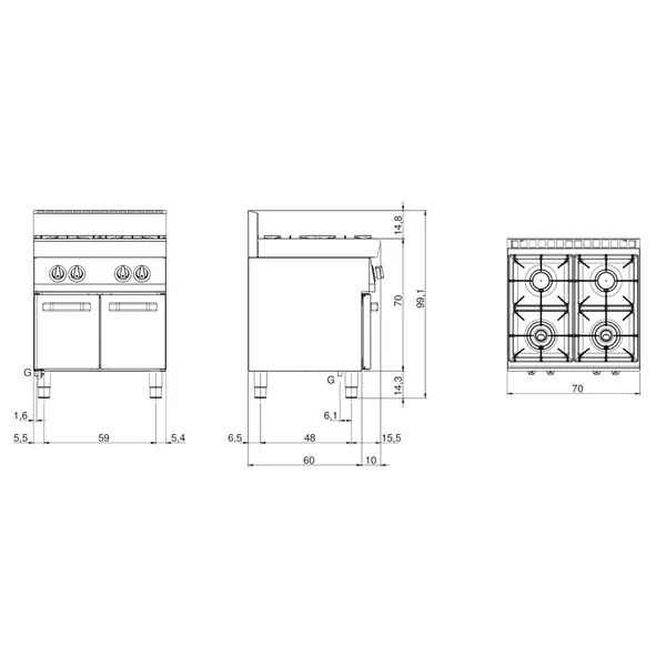Fornuis | FUN 700 | Propaangas | 4 Branders (2x 3.7kW + 2x 5.5kW) | Waakvlam | Open Onderkast | 700x700x843/991(h)mm