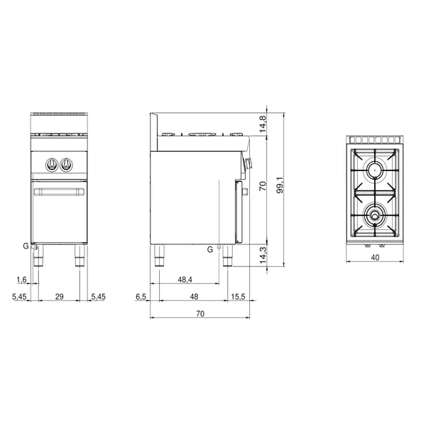 Fornuis | FUN 700 | Propaangas | 2 Branders (3.7+5.5kW) | Waakvlam | Open Onderkast | 400x700x843/991(h)mm