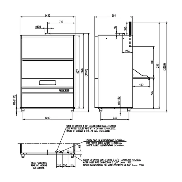 Pannen-/Pottenwasser | Mand 1260x800 | Afvoerpomp | Zeeppomp | Naglanspomp | Breaktank | 400V | Dubbelwandig | 1435x990x2058/2355(h)mm