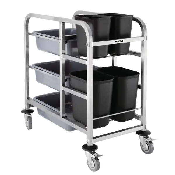 Afruimwagen | RVS | 3 Niveaus (Afruimbakken) + 2 Niveaus (Afvalbakken) | Wielen (Geremd) | 440x820x900(h)mm