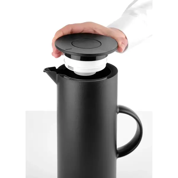 Thermoskan | Kunststof | Zwart | 1L | Dubbelwandig + Glazen Binnenfles | Drukknopsluiting | Ø110x289(h)mm