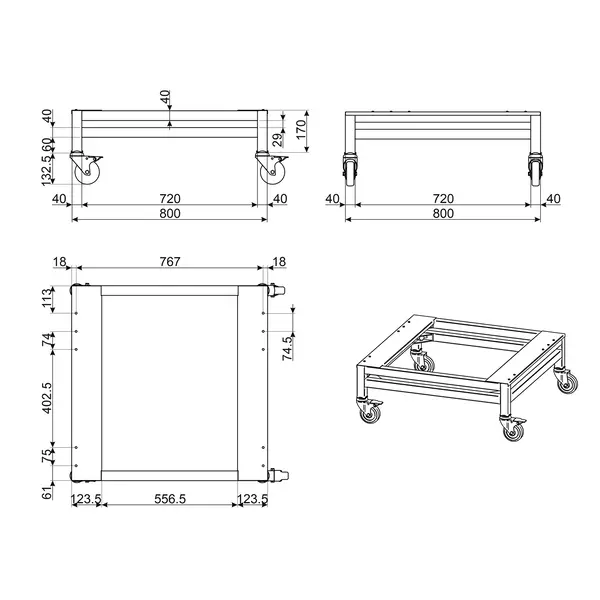 Onderstel | ALFA | RVS | Wielen (Geremd) | 800x800x303(h)mm