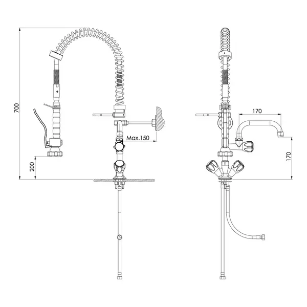 Voorspoeldouche | SilverLine | Handdouche + Middenuitloop | Mengkraan | 1-Gats | 700(h)mm