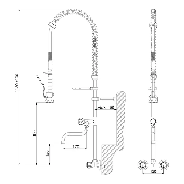 Voorspoeldouche | SilverLine | Handdouche + Middenuitloop | Mengkraan | 2-Gats (Wand) | 1150(h)mm