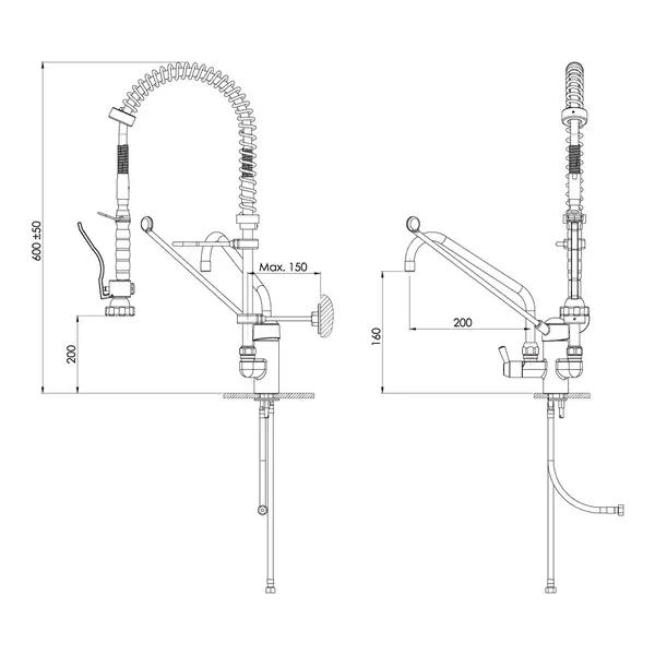 Voorspoeldouche | SilverLine | Handdouche + Onderuitloop | Mengkraan (Elleboogbediening) | 1-Gats | 600(h)mm